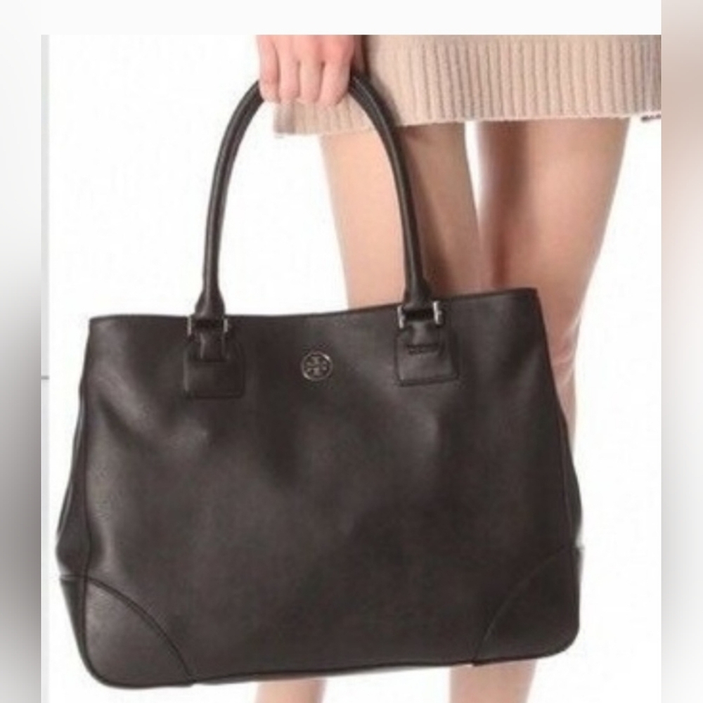Tory Burch Robinson Double Zipper Leather Black Tote